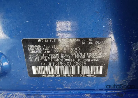 2012 Subaru Impreza Wrx Premium из США, поврежденный, VIN JF1GR7E60CG238815